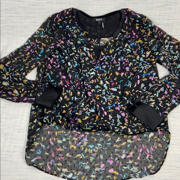 DKNY Crossover Faux Wrap Printed Mesh Sheer Blouse - Picture 3 of 9